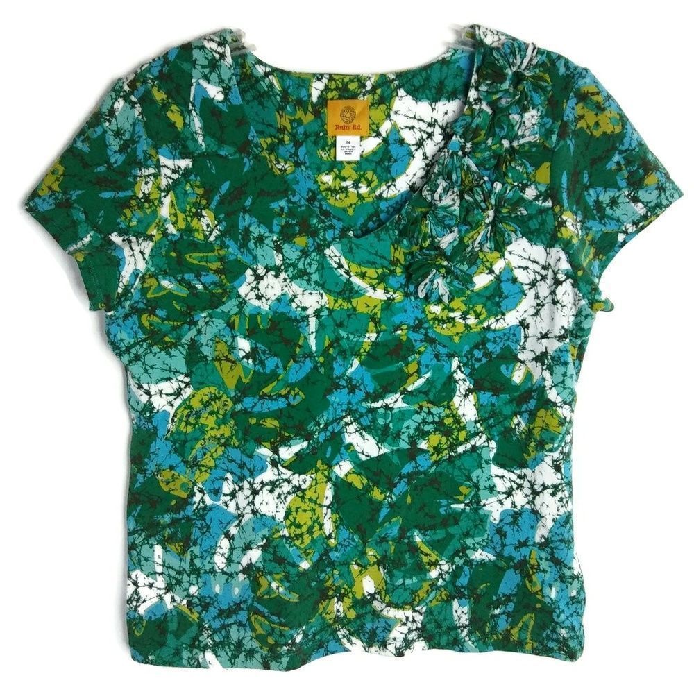 RUBY RD. Green White Flower Design‎ Neckline Top Sz M Forest